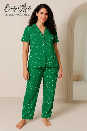 Body Girl Premium Green Polka Dot Linen Pajama Set – Elegant & Comfortable Women’s Nightwear
