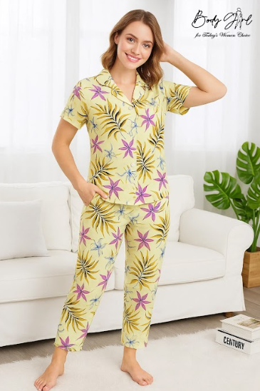 Body Girl Tropical Yellow Floral Linen Pajama Set – Lightweight, Breezy & Elegant Women’s Nightwear