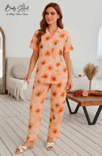 Body Girl Premium Peach Floral Linen Pajama Set – Elegant & Comfortable Women’s Nightwear