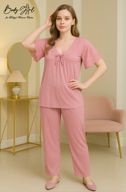 Body Girl Satin & Lace Pajama Set – Elegant Luxury Nightwear for Women