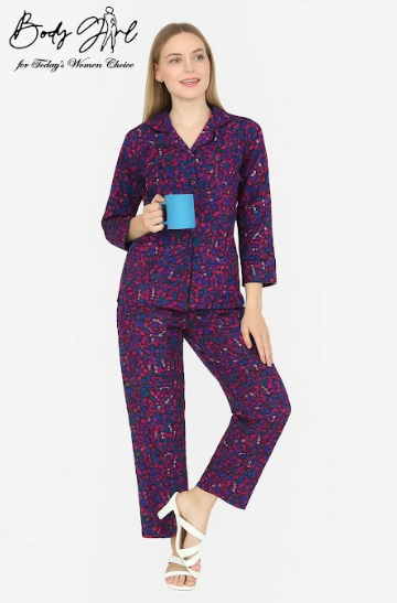 Body Girl Premium Deep Blue Linen Pajama Set with Red Floral Print – Elegant & Comfortable Women’s Nightwear