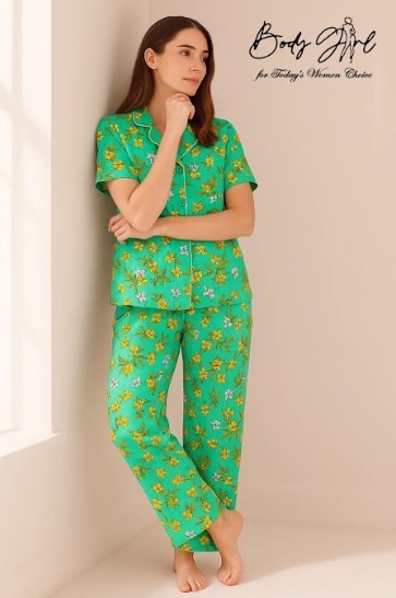 Body Girl Premium Green Floral Linen Pajama Set – Refreshing & Comfortable Women’s Nightwear