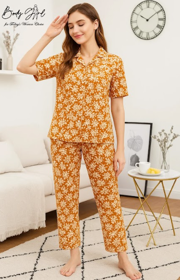 Body Girl Premium Mustard Yellow Daisy Linen Pajama Set – Chic & Comfortable Women’s Nightwear