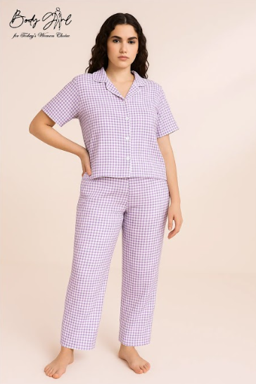Body Girl Premium Lilac Checkered Linen Pajama Set – Stylish & Comfortable Women’s Nightwear