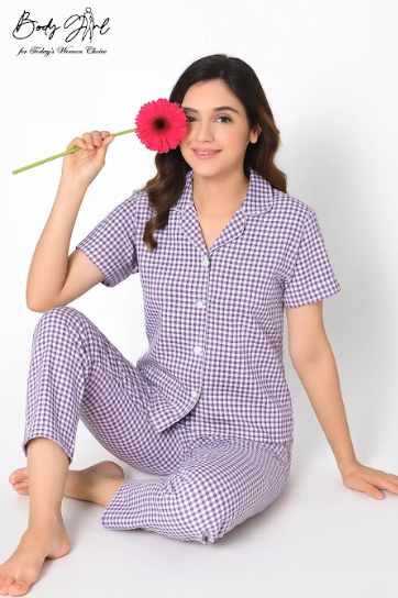 Body Girl Premium Lilac Checkered Linen Pajama Set – Stylish & Comfortable Women’s Nightwear